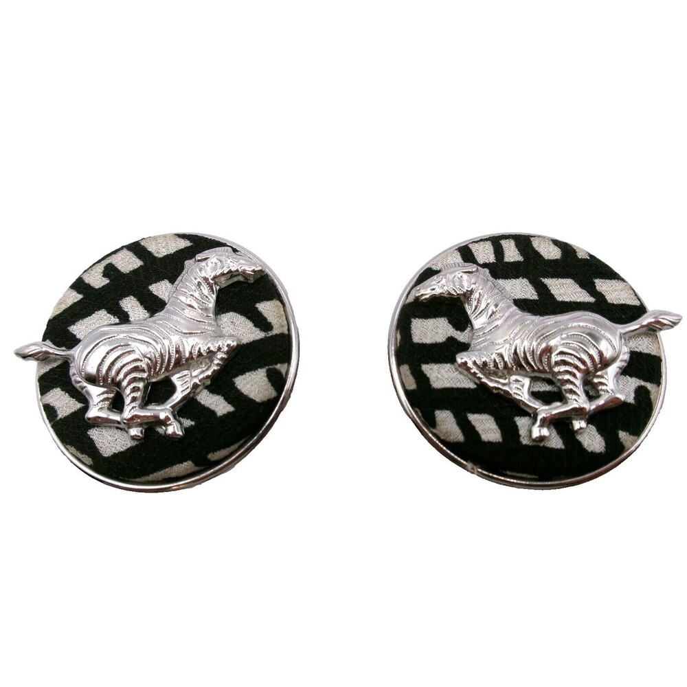 Vintage Zebra Clip On Earrings Figural Black & White Large Round Silver Tone